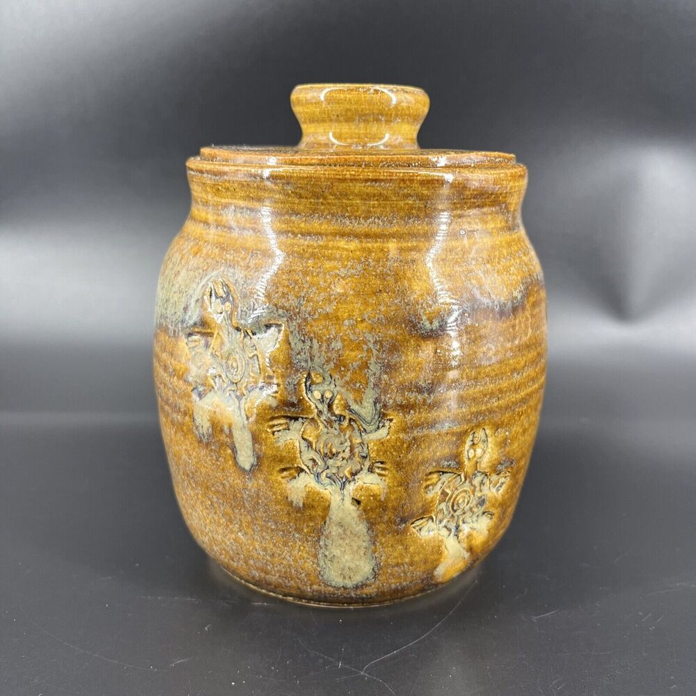 Art Pottery Jar Pot Lid Covered Sugar Bowl Trinket Glazed Artist Signed Turtles